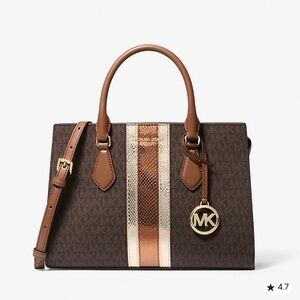 Michael Kors Sheila Medium Signature Logo and Metallic Satchel Brown